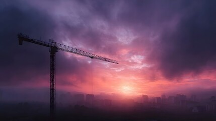 A solitary tower crane stands silhouetted against a vibrant colorful sunrise over a misty city skyline symbolizing urban development