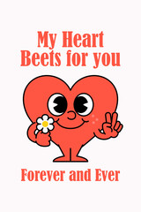 Cute heart character with flower valentine illustration poster