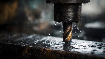 Close up of a metal drill bit operating with coolant splashing and dripping onto the industrial surface