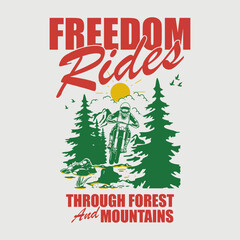 Hand-drawn motocross rider in a pine forest with mountain background. Vintage sketch style showing off-road adventure and nature