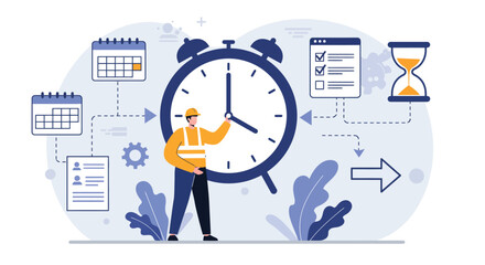 Vector art of man adjusting a giant alarm clock, symbolizing time management and project planning with calendars and hourglass