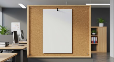 Vertical blank white poster mockup on a cork bulletin board against a gray wall in a modern office interior space for advertising or presentation