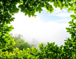 Obraz premium Vibrant green leaves forming a natural frame with a view of a bright sky and a misty, sunlit forest background