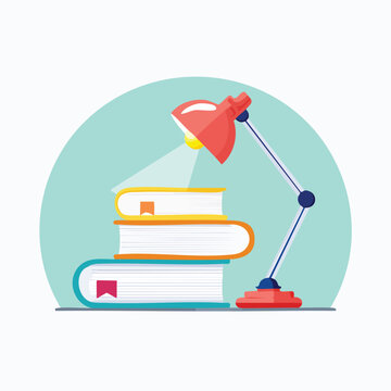 Stack of books illuminated by a desk lamp, concept of learning and knowledge acquisition