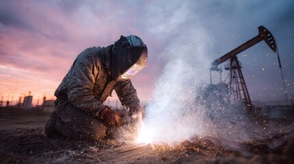 Obraz premium A welder in protective gear works on an oil field site at sunset creating a dramatic display of sparks and smoke