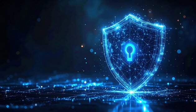 A glowing blue digital shield with a keyhole protects data in cyberspace, representing network security and advanced technology for online protection today.