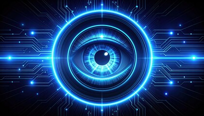 Fototapeta premium An artificial ligence eye is displayed in glowing neon blue against a black background with a circuit board design, symbolizing technology and surveillance.