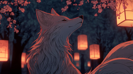 Majestic kitsune fox spirit at night festival