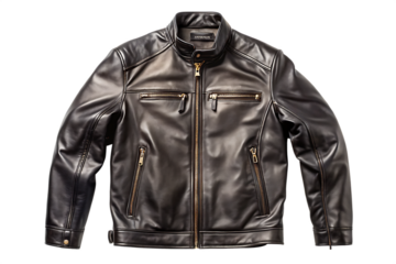 Dark Brown Leather Jacket With Gold Zippers On Background motorcycle biker isolated on a transparent background