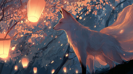 Kitsune fox looking up under lantern light