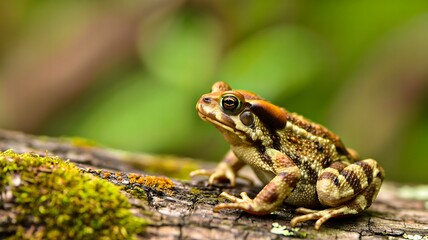 Obraz premium Close up of brown frog sitting on mossy tree branch in natural green forest environment 