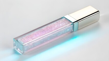 Lip Topping Shimmer Mockup in Crystal-Clear Rectangular Tube with Visible Glitter Gloss Texture, Minimalist Unbranded Cosmetic Packaging Captured in Vivid Bright Neon Lighting