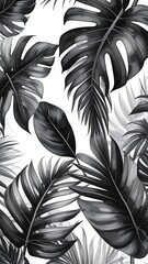 Black and White Tropical Leaves Pattern.