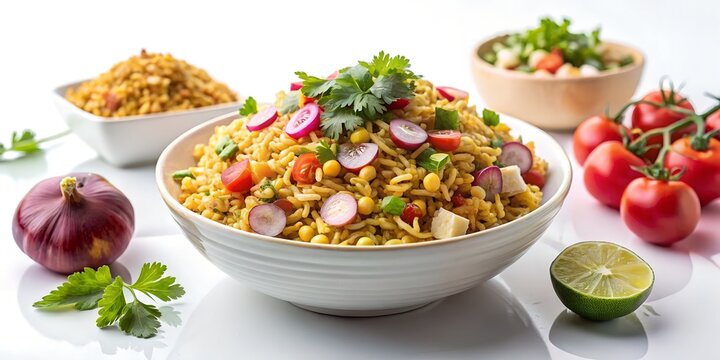 bhel puri, puffed rice snack with chutney, onions, tomatoes, and coriander, served in