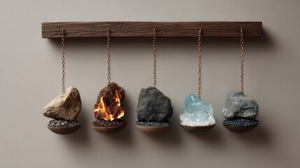 Symbolic Five Elements: Earth, Fire, Air, Water, Spirit Represented by Natural Rocks and Fire in Hanging Bowls