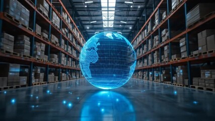 A digital globe in a warehouse symbolizes global supply chain connectivity. 4k video - Powered by Adobe