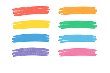 Hand drawn crayon brush stroke collection. Colorful childish underline and highlight elements. Rough chalk texture for accent and emphasis. Vector set for kids creative design.