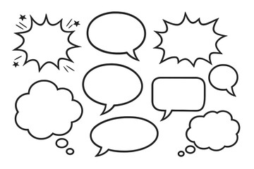 Comic speech bubbles vector set. Blank black and white talk and thought bubbles. Cartoon pop art explosion, shout, and communication box icons for comics and dialog.