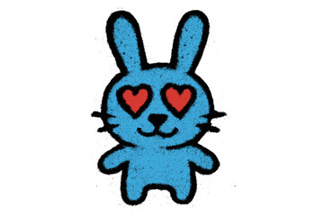 Obraz premium Graffiti blue rabbit with red heart eyes in love. Funny urban street art character. Textured spray paint vector illustration. Cute weird bunny cartoon isolated on white.