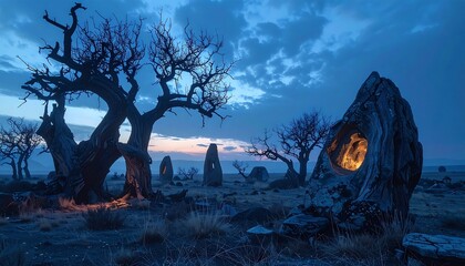 African Savanna Night Scene with Baobab Trees.
