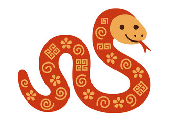 Naklejka premium Chinese New Year 2026, Year of the Snake. Cute cartoon snake with traditional oriental patterns. Asian lunar zodiac animal symbol for a greeting card, poster or banner.