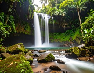 Lush waterfall cascading down a mossy cliff face
