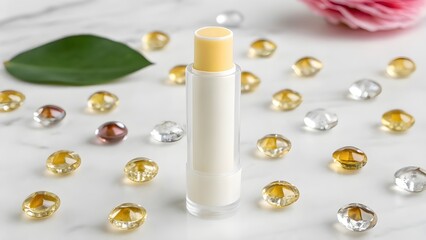 Solid Lip Oil Balm Mockup in Petite Cylindrical Stick with Transparent Container, Minimalist Flatlay Cosmetic Packaging Styled Among Scattered Gemstone Props for Modern Luxury Branding