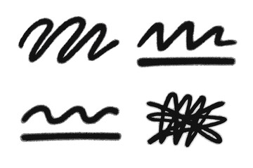 Set of graffiti spray paint scribbles. Grunge doodle, wavy and straight lines. Urban street art elements. Vector illustration of sprayed squiggle, strikethrough, underline.