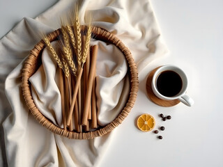 Minimalist Autumn Product Scene: Symmetrical Wheat and Cinnamon Display with Coffee Accents