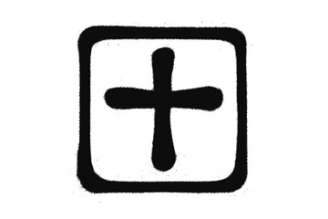 Obraz premium Spray textured graffiti cross symbol inside bold rounded square frame, hand drawn abstract street art scribble, creative punk style marker doodle, black urban vector, isolated transparent background
