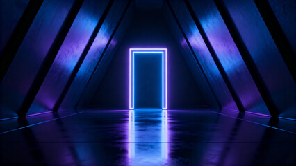 Neon-lit futuristic corridor with glowing rectangular doorway in a dark, angular tunnel
