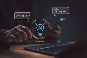 Businessman using AI assistant, searching information via smart chatbot technology. Customer service support helps user ask questions using voice commands. Future innovation, business intelligence,