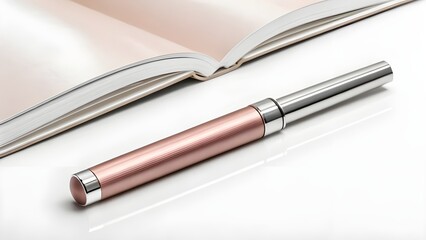 Metallic Lip Gloss Pen Mockup with Slim Pen-Shaped Body and Sleek Chrome Details, Stylish Minimal Cosmetic Packaging Displayed Diagonally Across Glossy Fashion Magazine Page