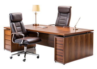 Executive Office Desk with Two Leather Chairs and Lamps executive desk office furniture isolated on a transparent background