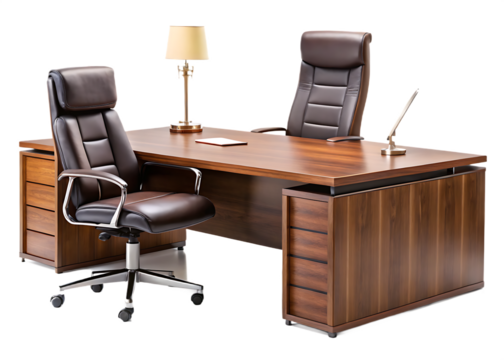 Executive Office Desk with Two Leather Chairs and Lamps executive desk office furniture isolated on a transparent background