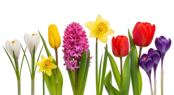 Vibrant horizontal arrangement of spring flowers and green leaves on a transparent studio background with copy space. Spring's natural beauty