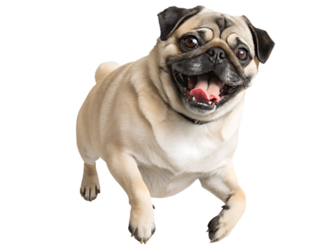 Energetic Pug Dog Running Forward With Open Mouth Isolated On animal canine isolated on a transparent background