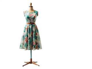 Floral Print Sleeveless Dress on Mannequin with Brown Belt fashion clothing isolated on a transparent background