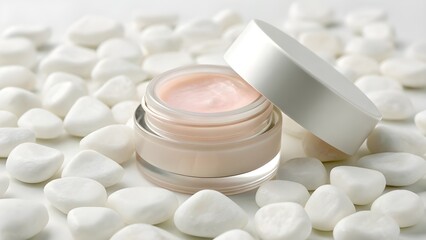 Plumping Lip Treatment Mask Mockup in Mini Frosted Jar with Smooth Balm Texture Display, Minimalist Unbranded Cosmetic Packaging Surrounded by White Pebbles for Natural Elegance
