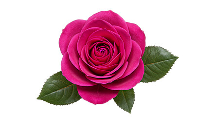 Fototapeta premium A single vibrant pink rose with green leaves isolated on transparent background