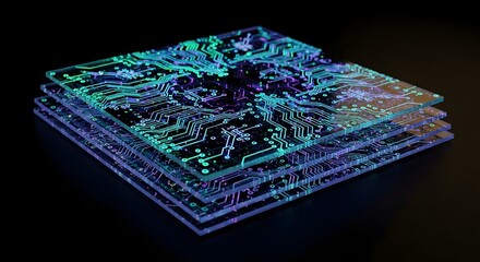 Abstract Layered Circuit Board with Neon Glow