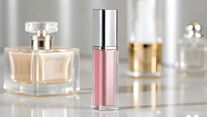 Elegant Luxury Lip Gloss Mockup in Tall Transparent Case with Reflective Silver Cap, High-Shine Cosmetic Packaging Styled Beside Modern Glass Perfume Bottles for Branding Design