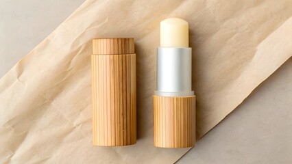 Vegan Lip Butter Stick Mockup in Twist-Up Case with Wooden Style Cap, Minimalist Blank Cosmetic Packaging Displayed on Recycled Kraft Paper for Natural Eco-Friendly Branding