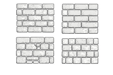 Hand drawn brick wall textures set. Vector cartoon sketch illustration of building materials. Masonry stone block pattern for construction design. Isolated on transparent background.