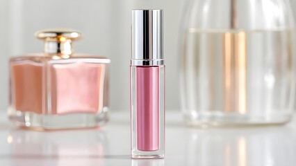 Elegant Luxury Lip Gloss Mockup in Tall Transparent Case with Reflective Silver Cap, High-Shine Cosmetic Packaging Styled Beside Modern Glass Perfume Bottles for Branding Design