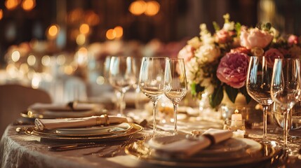 Elegant plated dishes on a banquet table, featuring warm ambient lighting and shallow depth of field.