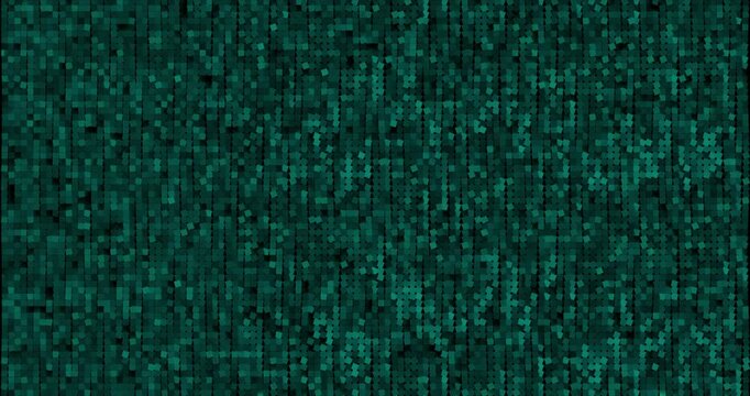 Green and gold sequins turn up in a random pattern. Front view of gorgeous waving pattern background. 4K 3D rendering loop animation.