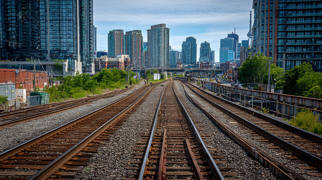 Parallel Railway Tracks Leading to Toronto City Skyline with Modern Skyscrapers and Urban Infrastructure