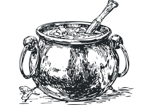 black and white cauldron with stirring spoon clip art preview