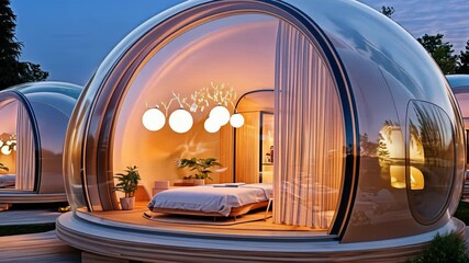 Futuristic dome homes illuminated at dusk in serene forest setting